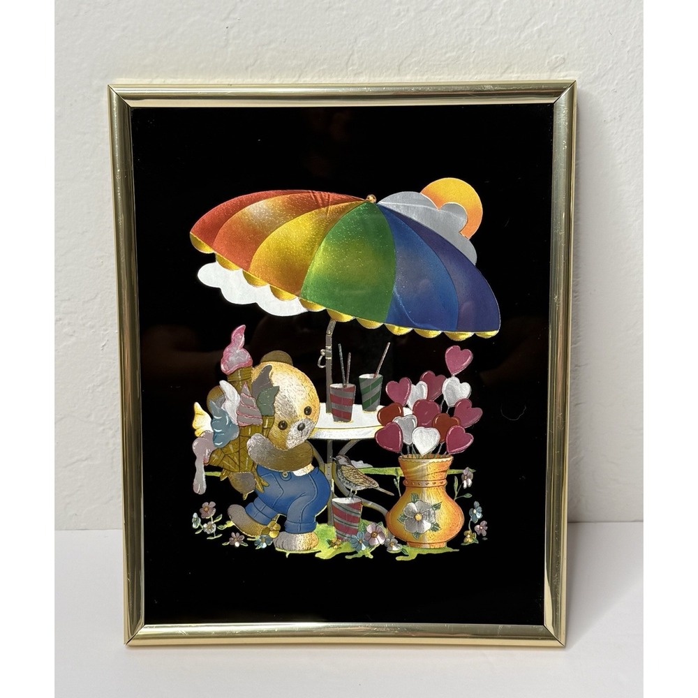Teddy Bear Picture Ice Cream Party Foil Chrome Metallic Art Print Decor Vintage